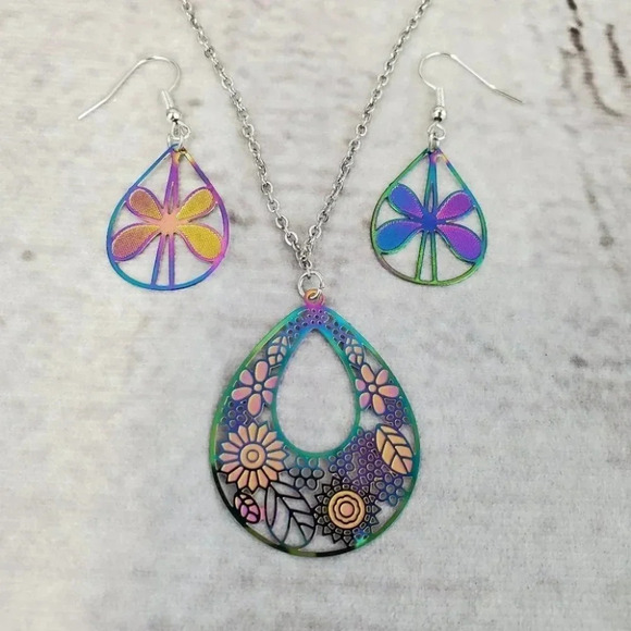 Iridescent Flower Earrings with Floral Teardrop Necklace Set - Picture 5 of 12